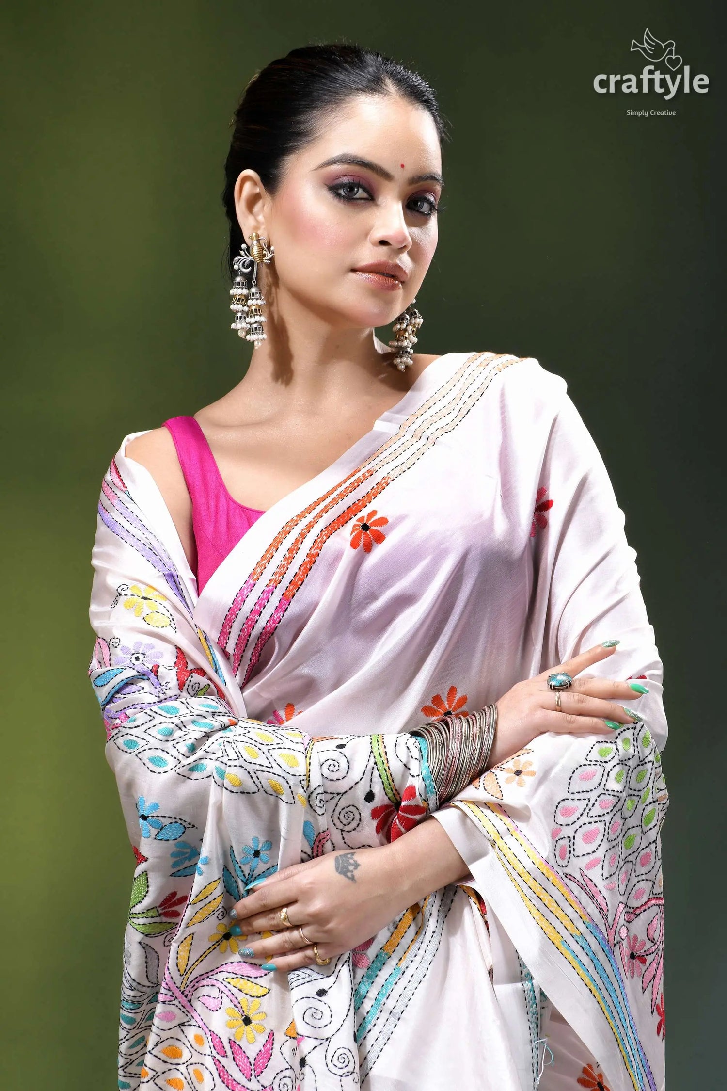 Peacock motif multicolor thread silk kantha saree in white woman wears white saree colorful 4