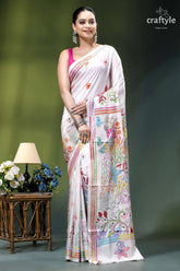 Peacock motif multicolor thread silk kantha saree in white white silk saree adorned vibrant 6