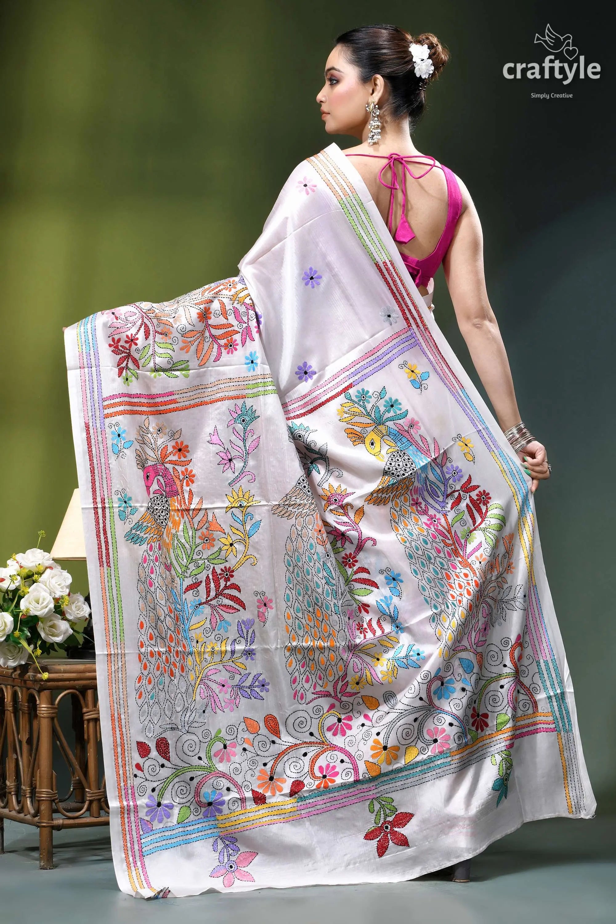 Peacock motif multicolor thread silk kantha saree in white white embroidered saree colorful floral 5