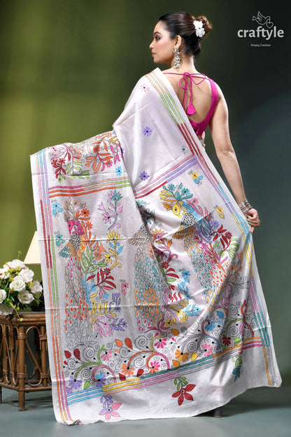 Peacock motif multicolor thread silk kantha saree in white white embroidered saree colorful floral 5