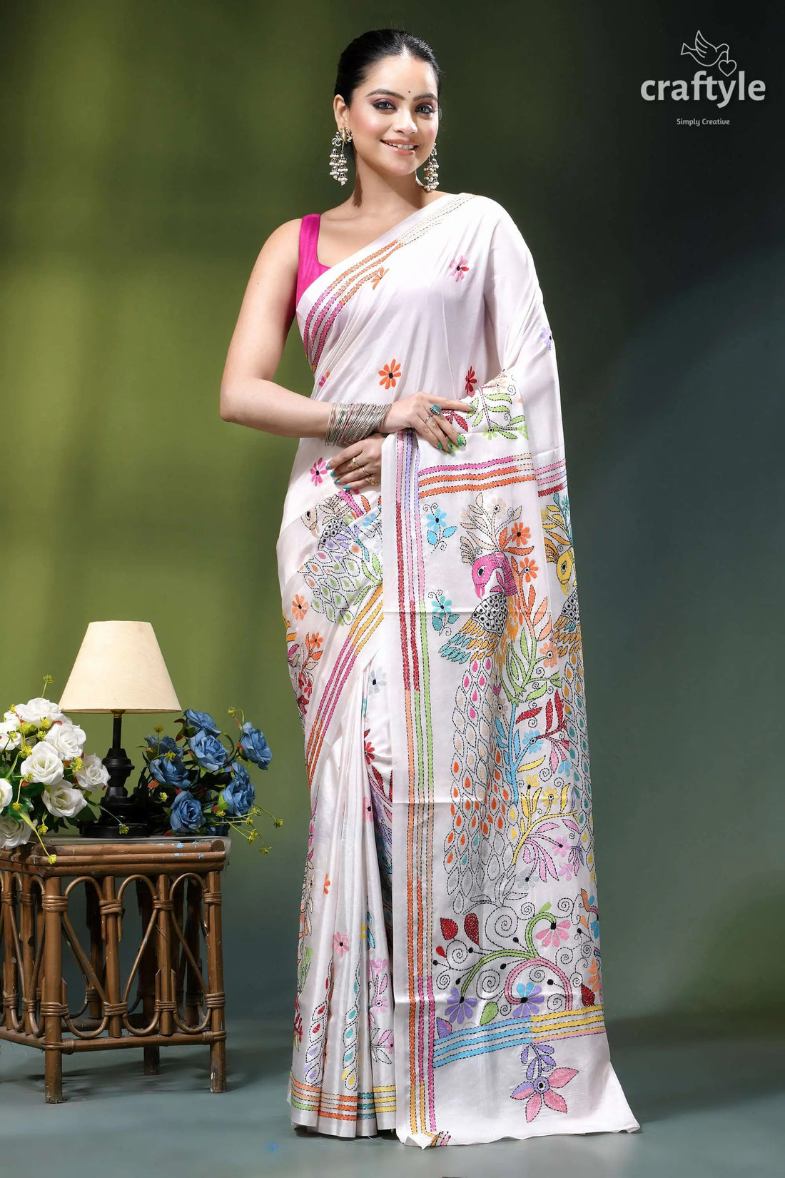 Peacock motif multicolor thread silk kantha saree in white white embroidered saree colorful floral 1