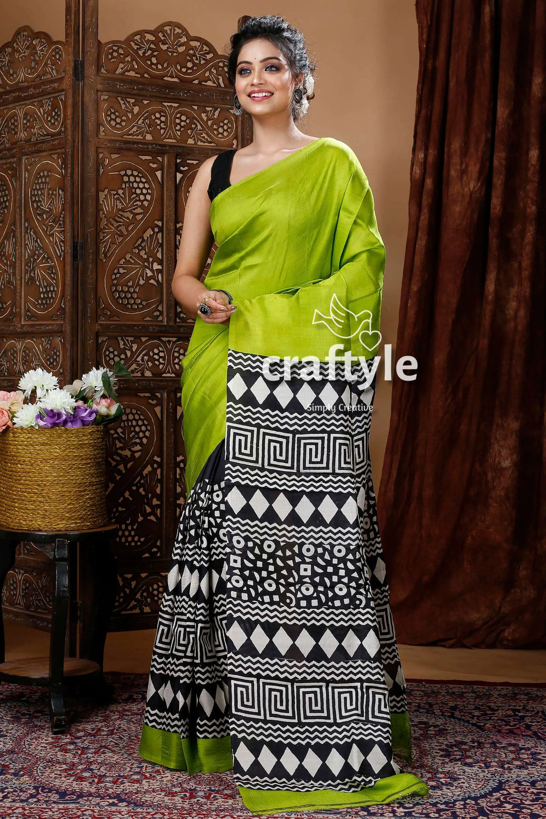 Pear green hand block design pure mulberry silk saree green black patterned saree 1