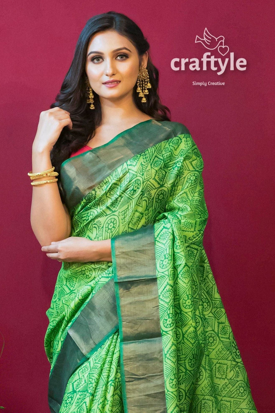 Pear Green Hand Block Printed Zari Pure Tussar Silk Saree - Craftyle