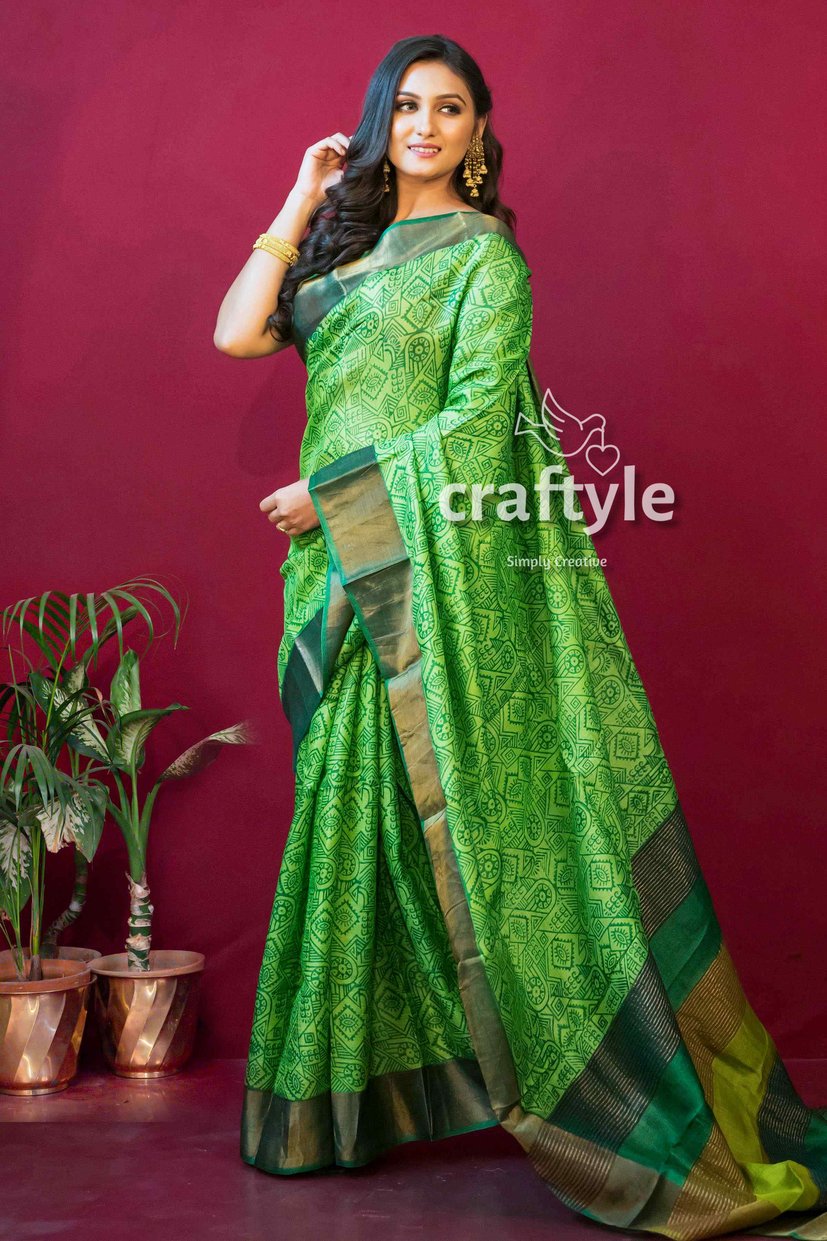 Pear Green Hand Block Printed Zari Pure Tussar Silk Saree - Craftyle