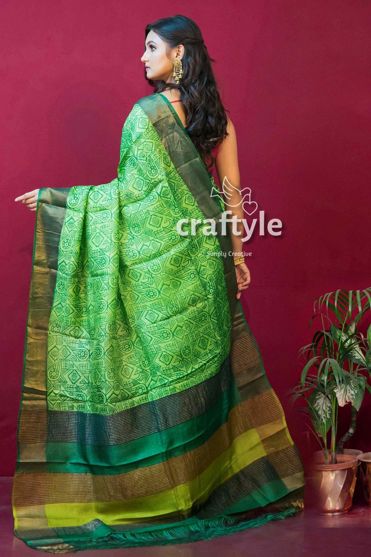 Pear Green Hand Block Printed Zari Pure Tussar Silk Saree - Craftyle
