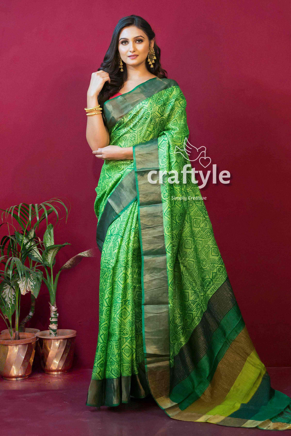 Pear Green Hand Block Printed Zari Pure Tussar Silk Saree - Craftyle