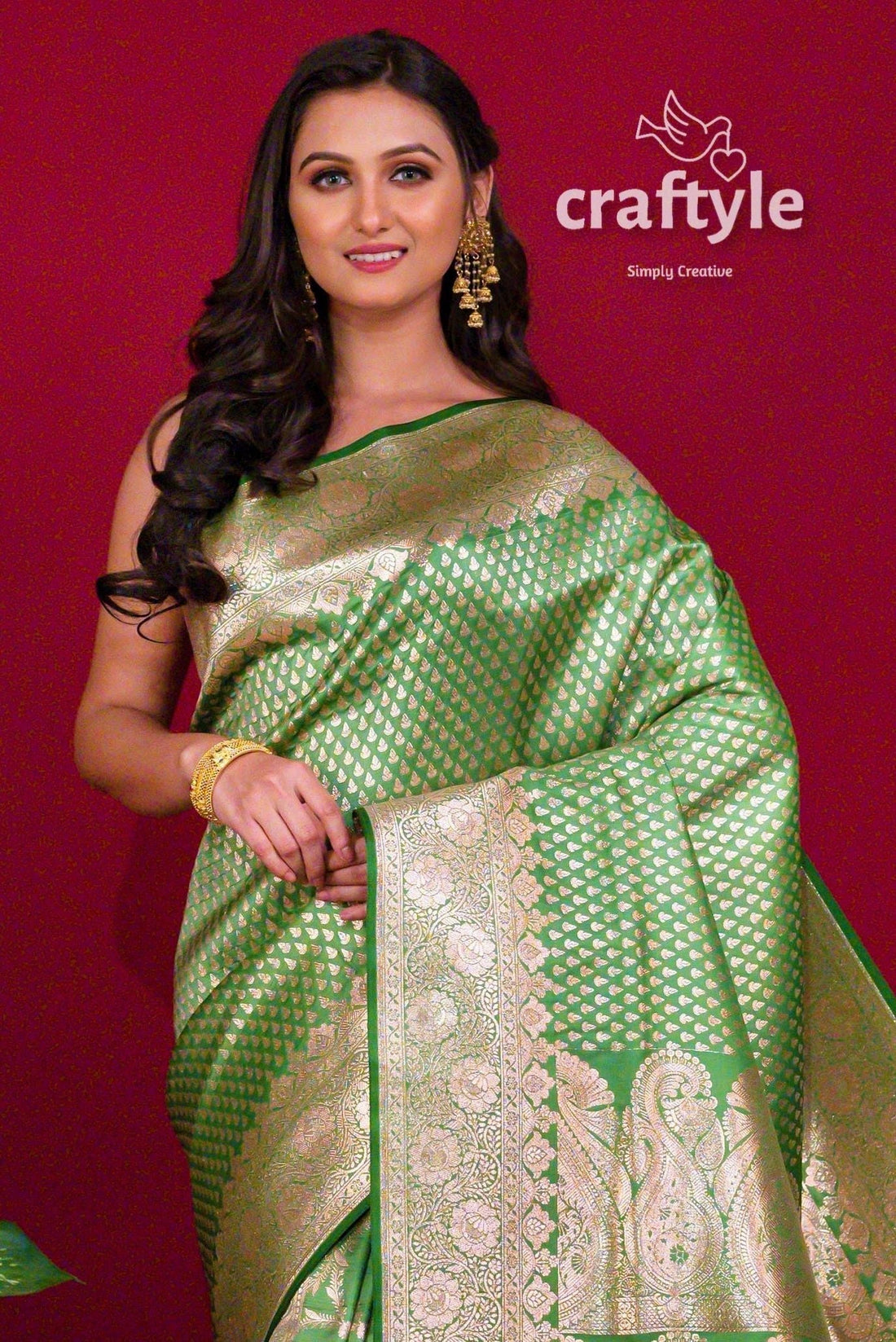 Pear Green Satin Banarasi Silk Saree with Blouse Piece - Craftyle