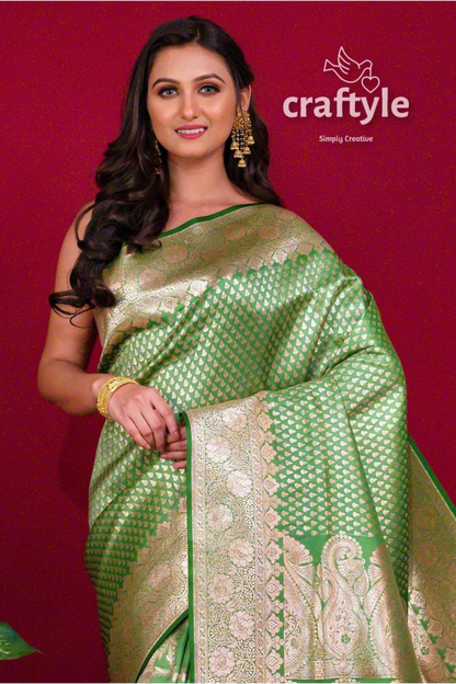 Pear green satin banarasi silk saree with blouse piece green gold patterned saree 2
