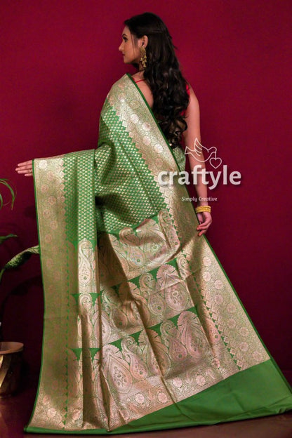 Pear green satin banarasi silk saree with blouse piece green gold patterned saree 4