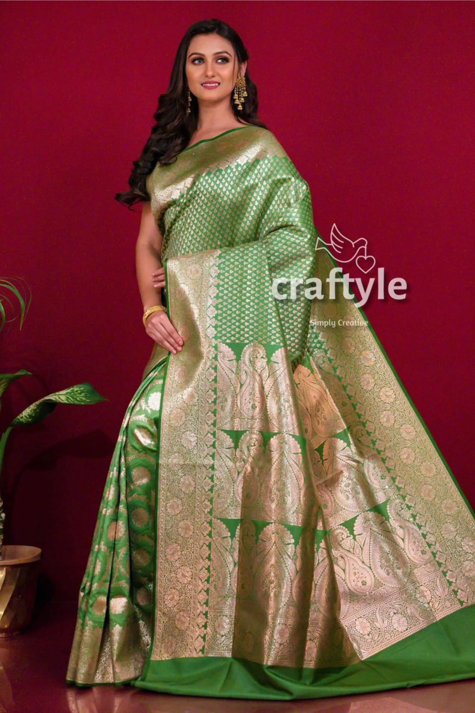 Pear green satin banarasi silk saree with blouse piece green gold patterned saree 3