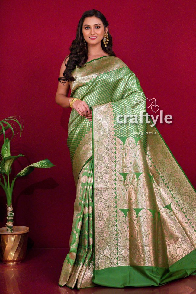 Pear Green Satin Banarasi Silk Saree with Blouse Piece - Craftyle