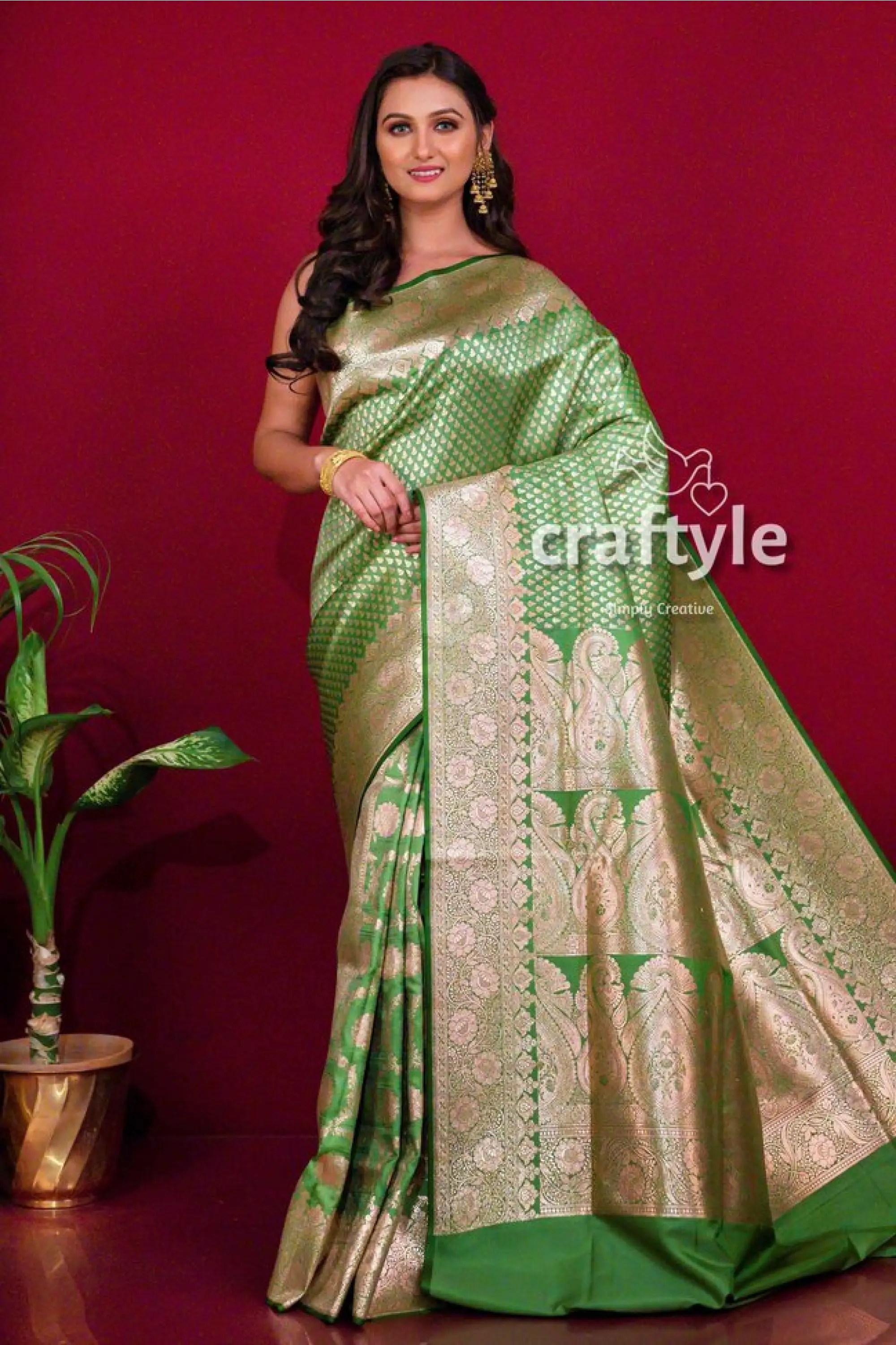 Pear green satin banarasi silk saree with blouse piece green gold saree 1