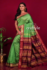 Pear green zari border bomkai silk saree for women green saree maroon gold border 3