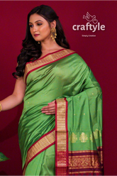Pear green zari border bomkai silk saree for women green silk saree red gold 2