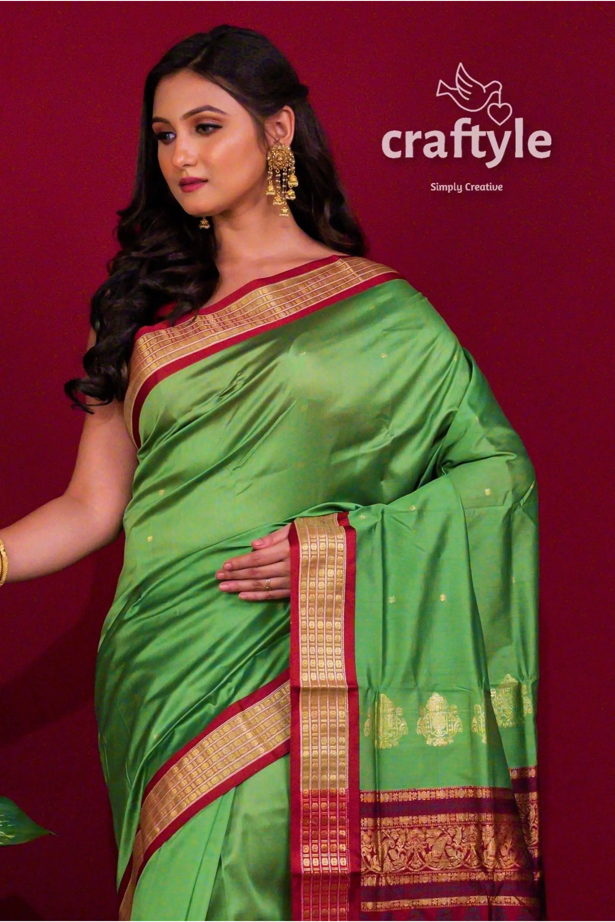 Pear green zari border bomkai silk saree for women green silk saree red gold 2