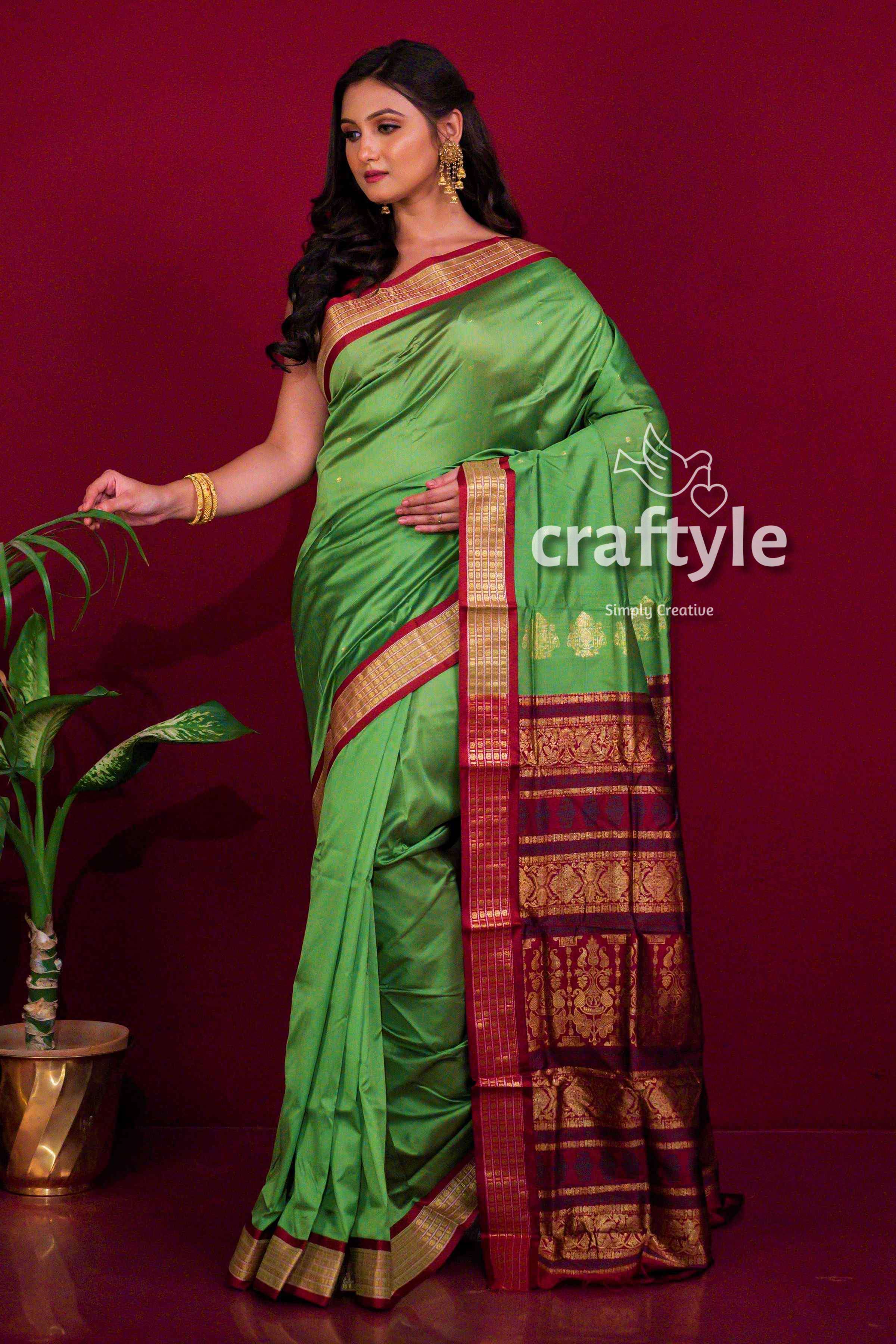 Pear Green Zari Border Bomkai Silk Saree for Women - Craftyle