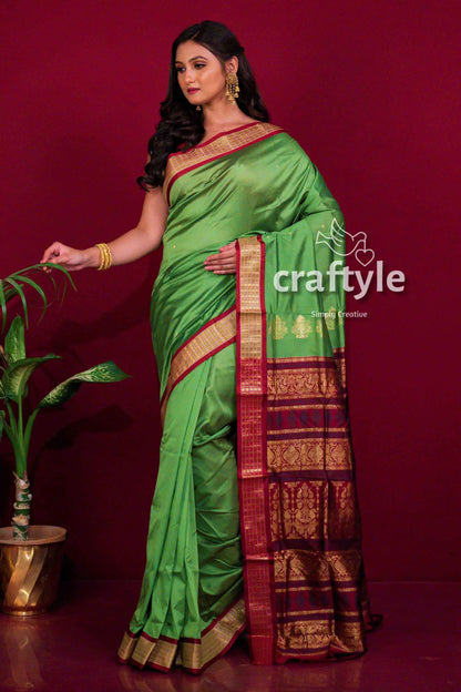 Pear green zari border bomkai silk saree for women green maroon silk saree 1