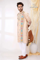 Pearl bush multithread design kantha work cotton kurta for men beige embroidered colorful floral 3