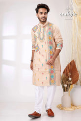 Pearl bush multithread design kantha work cotton kurta for men beige embroidered colorful geometric 1