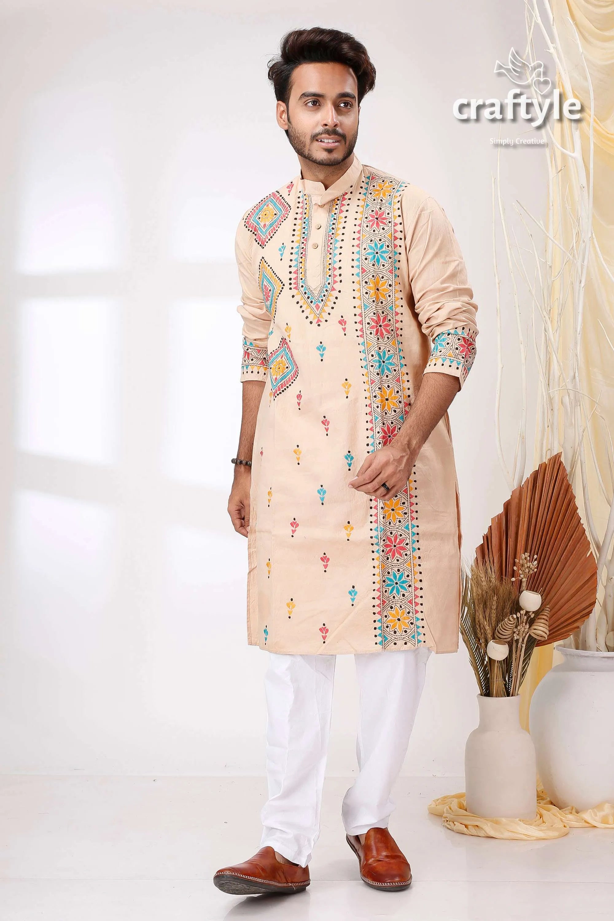 Pearl bush multithread design kantha work cotton kurta for men beige embroidered colorful geometric 1