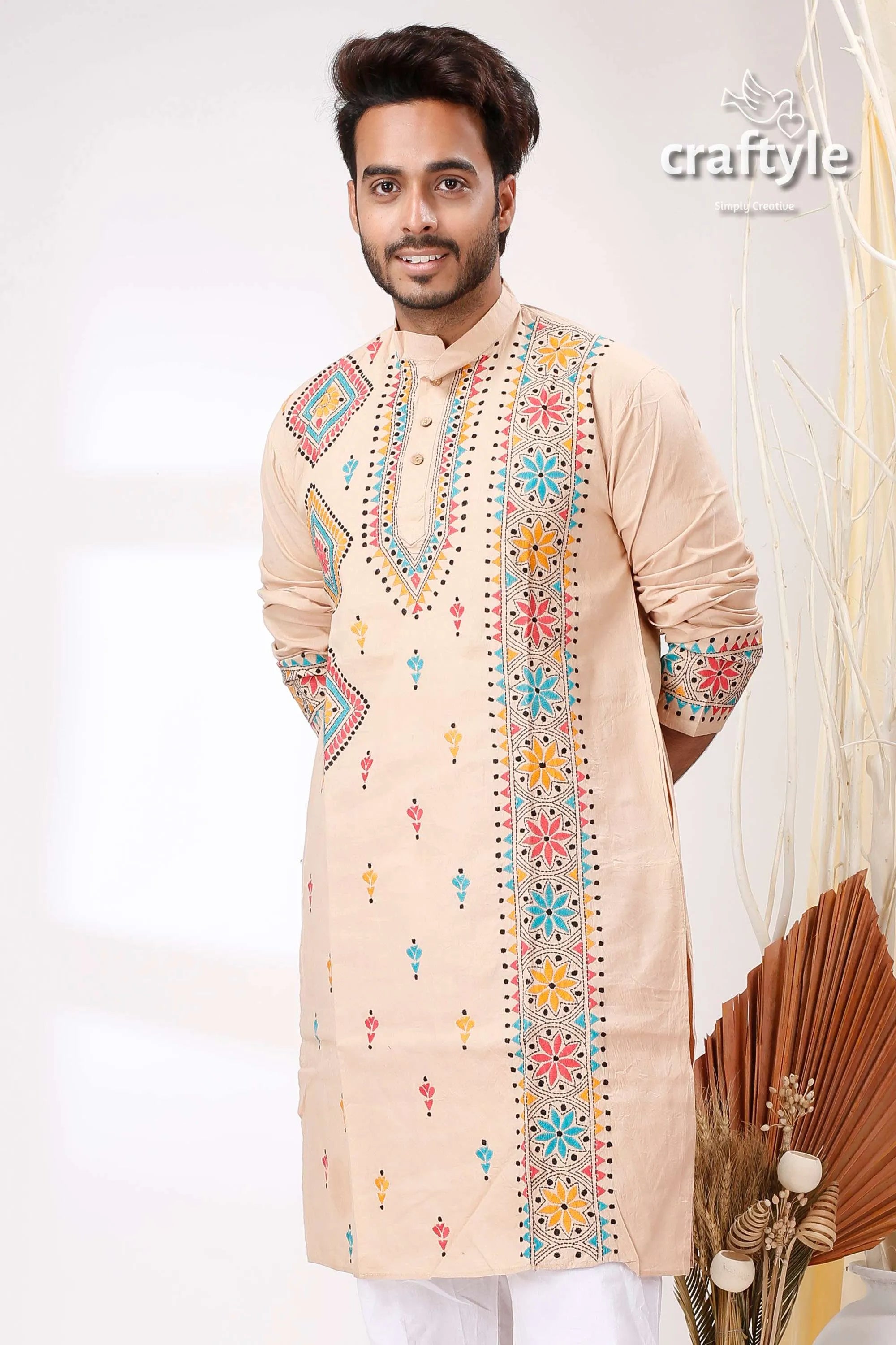 Pearl bush multithread design kantha work cotton kurta for men beige intricate colorful embroidery 2