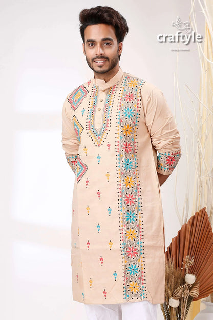 Pearl bush multithread design kantha work cotton kurta for men beige intricate colorful embroidery 2