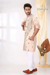 Pearl bush multithread design kantha work men’s cotton kurta beige embroidered colorful geometric 3