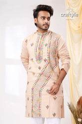 Pearl bush multithread design kantha work men’s cotton kurta beige embroidered colorful geometric 2