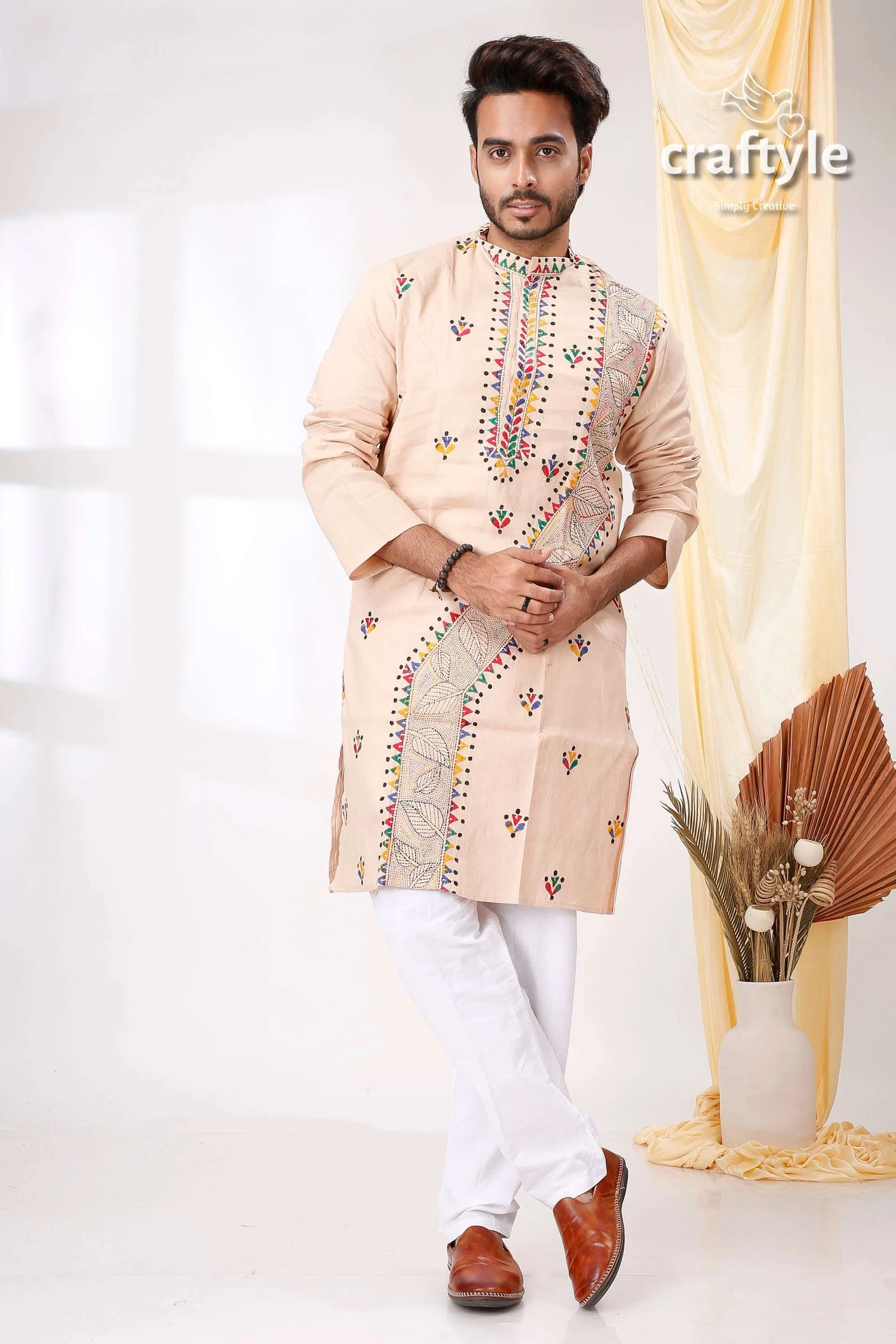 Pearl bush multithread design kantha work men’s cotton kurta beige embroidered colorful floral 1