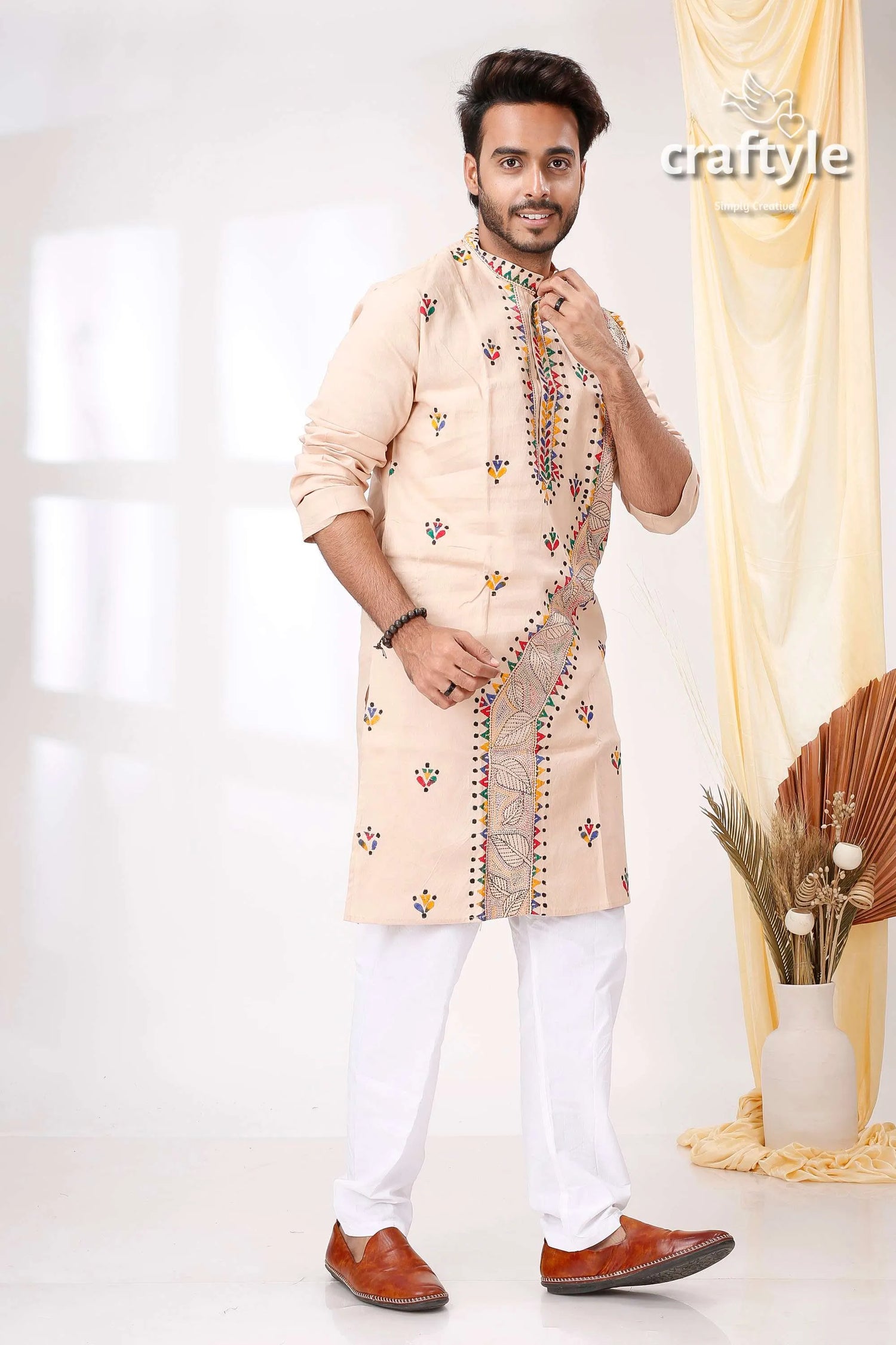 Pearl bush multithread design kantha work men’s cotton kurta beige embroidered colorful floral 4