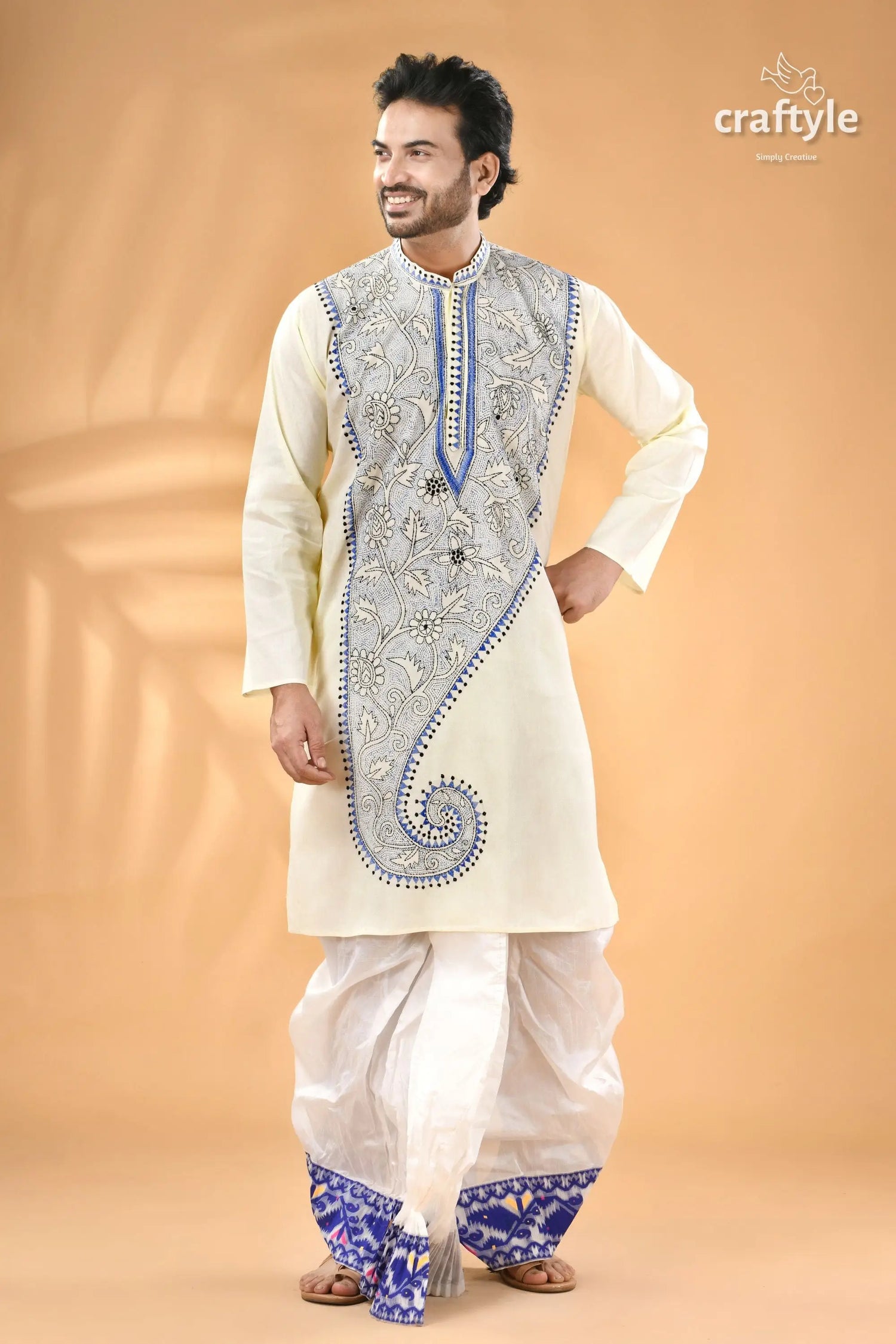 Pearl white and blue kantha work cotton men’s kurta reverse stitch men’s off white kurta blue black 6