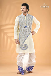 Pearl white and blue kantha work cotton men’s kurta reverse stitch men’s off white kurta blue black 6