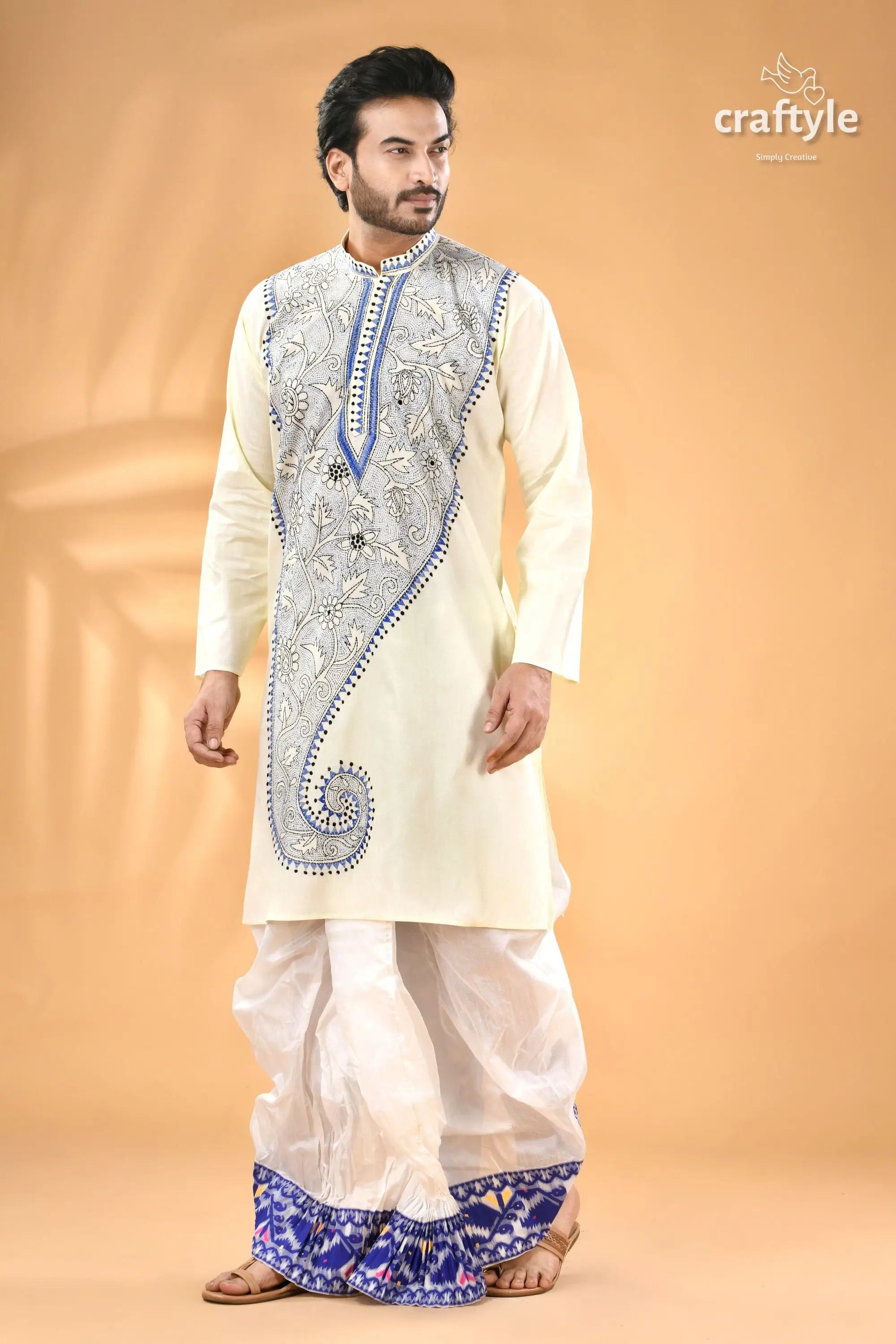Pearl white and blue kantha work cotton men’s kurta reverse stitch men’s cream colored kurta intricate blue 4