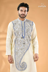 Pearl white and blue kantha work cotton men’s kurta reverse stitch men’s cream colored kurta blue black 2