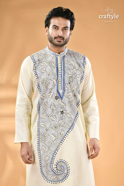 Pearl white and blue kantha work cotton men’s kurta reverse stitch men’s cream colored kurta blue black 2
