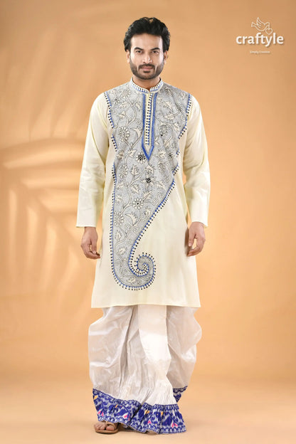 Pearl white and blue kantha work cotton men’s kurta reverse stitch men’s off white kurta blue black 5