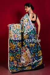 Pearl White and Multicolor Owl Painted Pure Mulberry Silk Hand Batik Saree - Craftyle