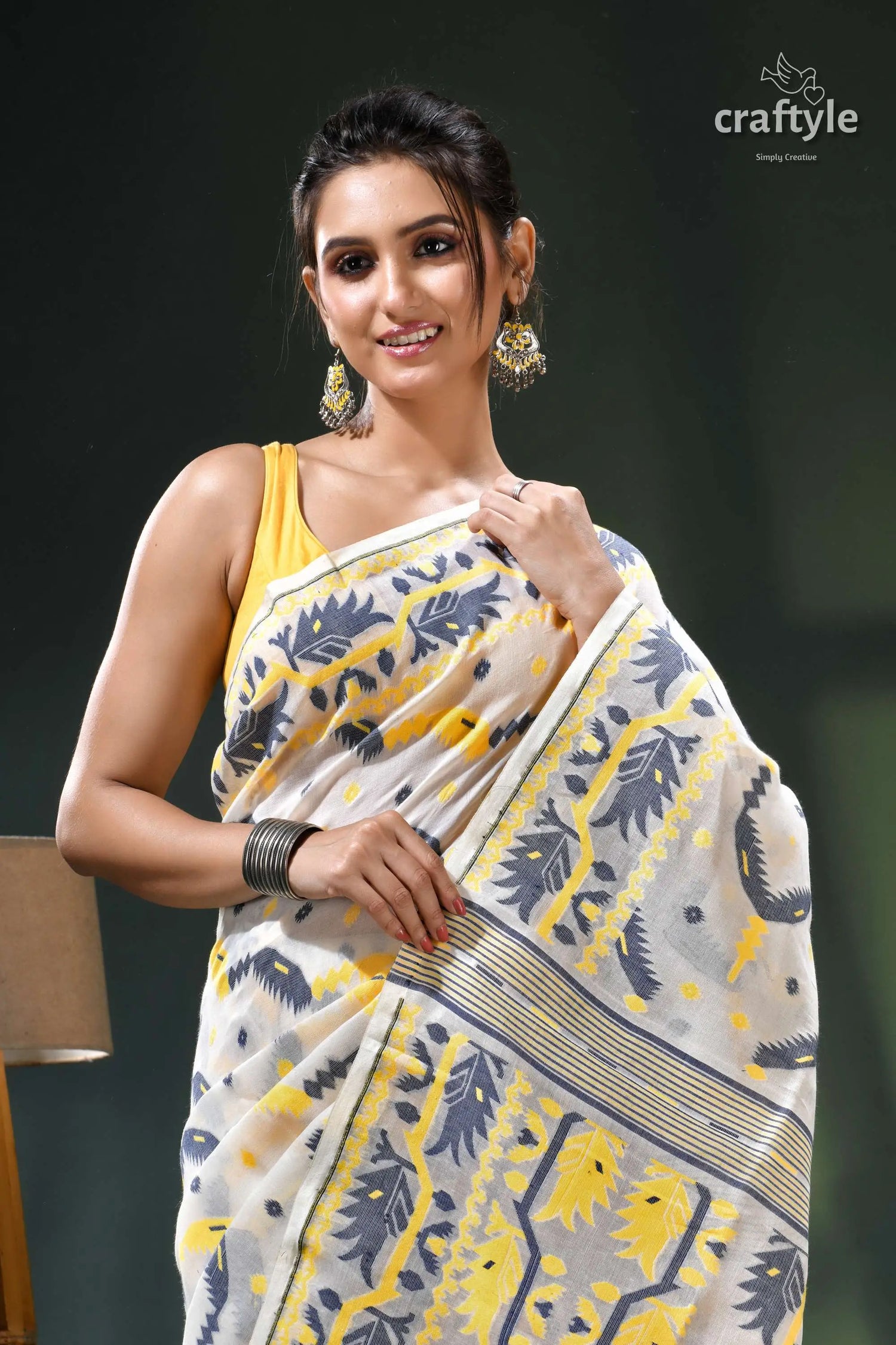 Pearl white bengal handloom cotton jamdani saree yellow white saree blue floral 2