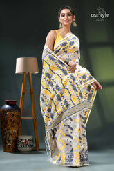 Pearl white bengal handloom cotton jamdani saree yellow white floral saree black 4