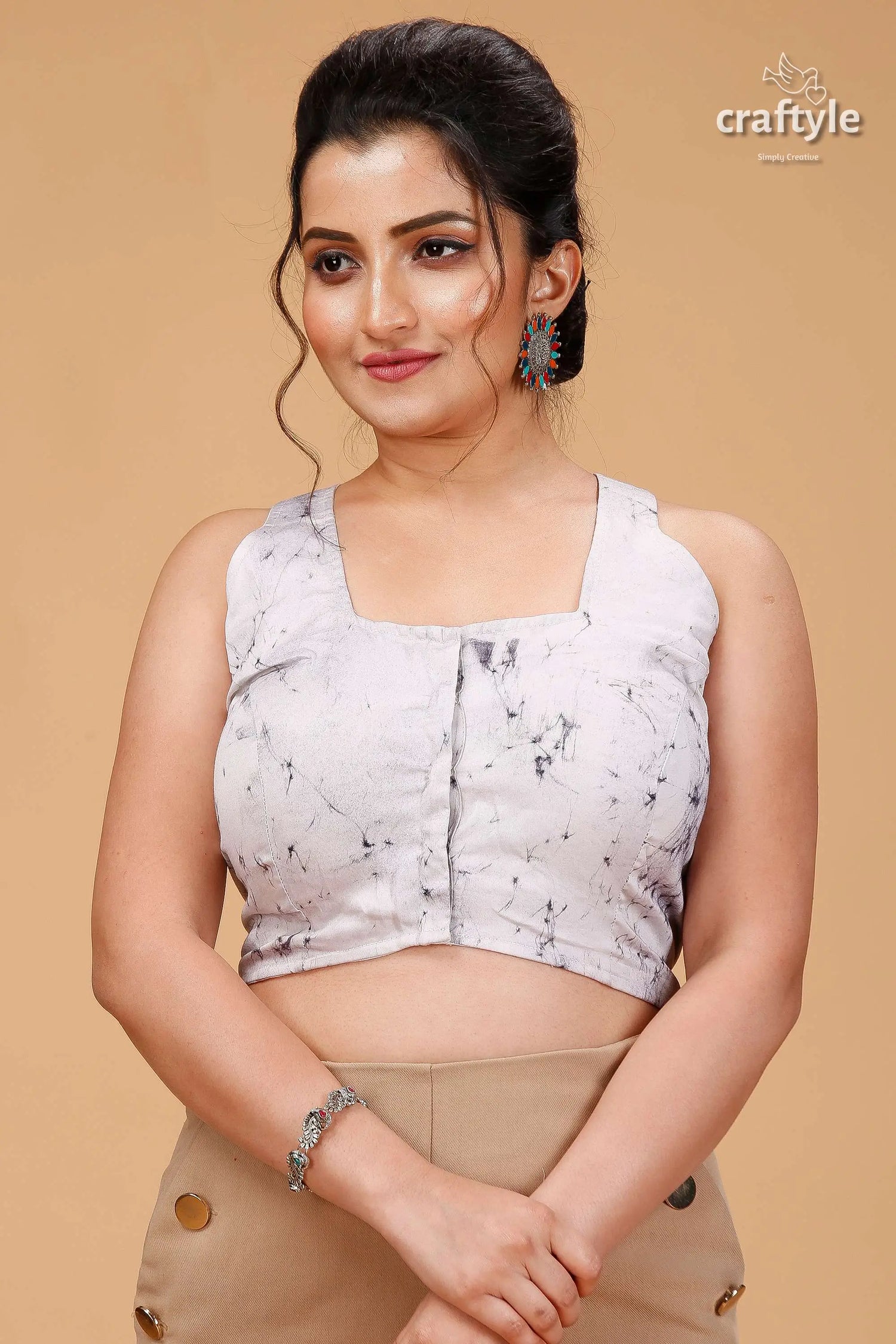 Pearl white kolkata theme pure cotton blouse - hand batik woman white sleeveless crop black 1