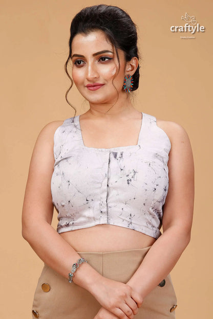 Pearl white kolkata theme pure cotton blouse - hand batik woman white sleeveless crop black 1