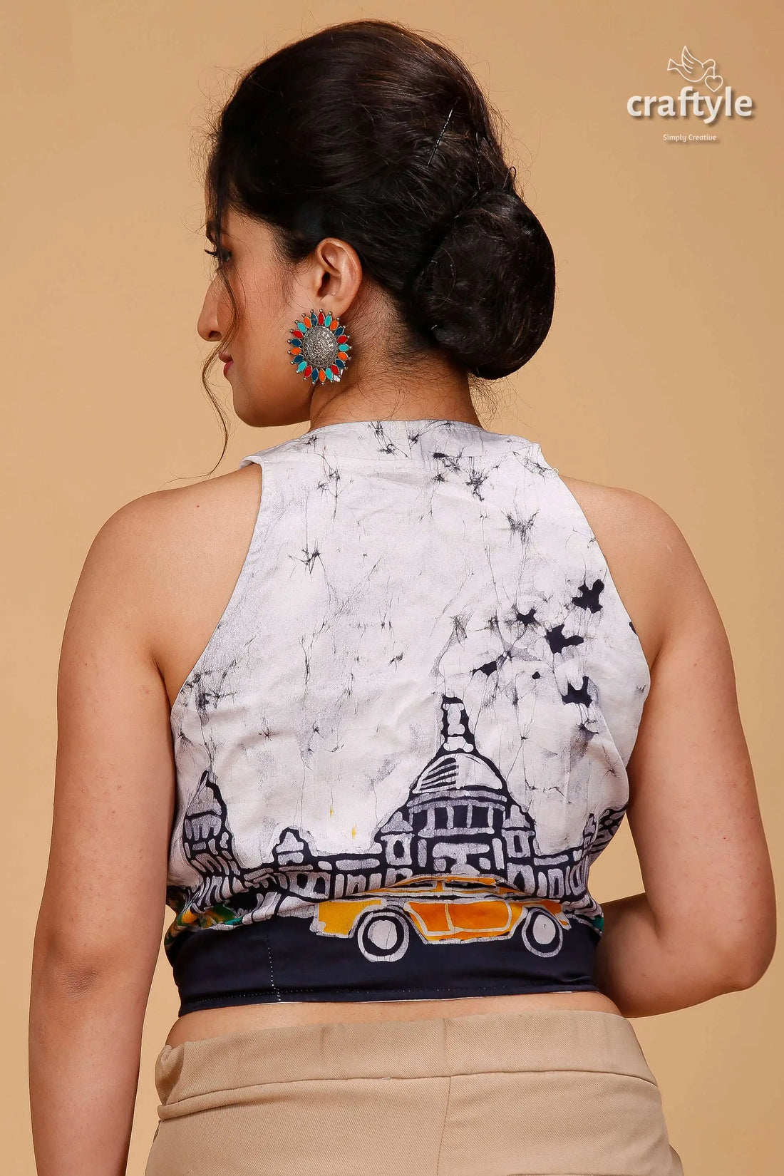 Pearl white kolkata theme pure cotton blouse - hand batik woman white sleeveless crop black 2