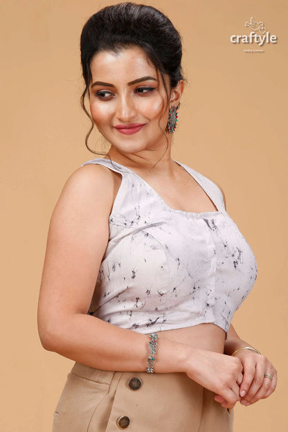 Pearl white kolkata theme pure cotton blouse - hand batik woman models white sleeveless crop 4