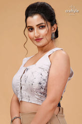 Pearl white kolkata theme pure cotton blouse - hand batik white black tie-dye crop button-front 3