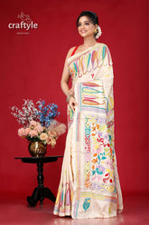 Pearl white multicolor bengal heritage silk kantha saree woman embroidered saree 3