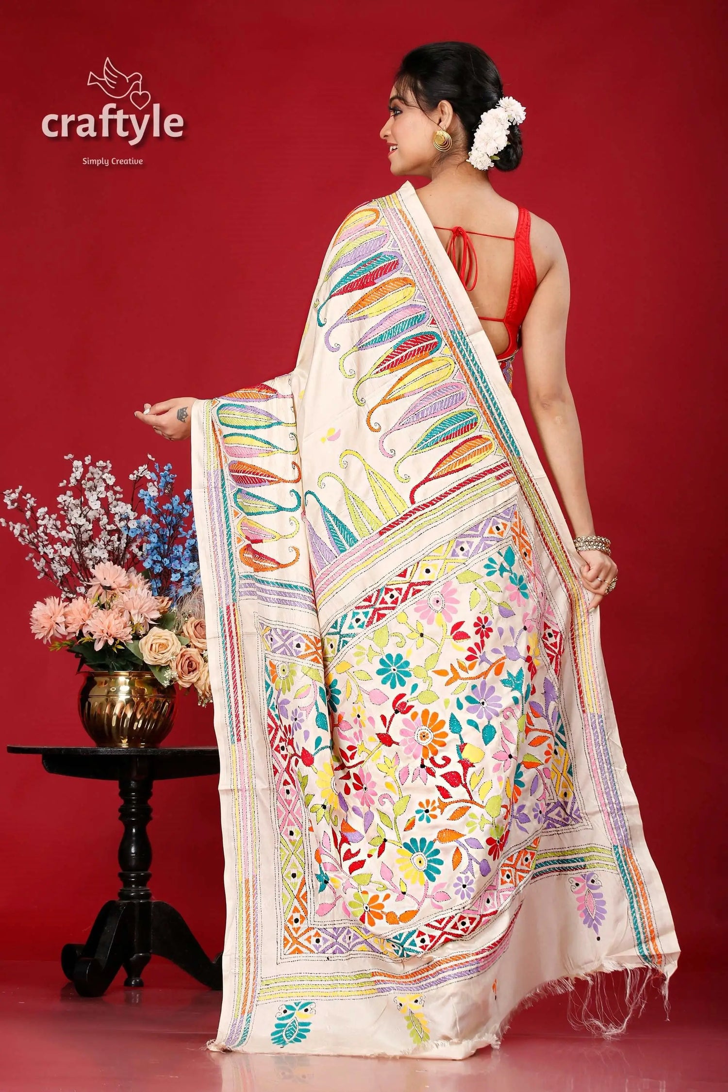 Pearl white multicolor bengal heritage silk kantha saree embroidered off-white saree 5