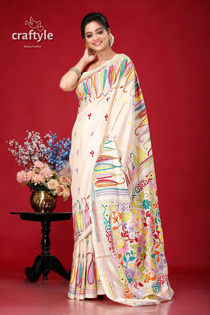 Pearl white multicolor bengal heritage silk kantha saree woman colorful embroidered saree 4