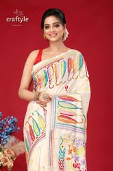 Pearl white multicolor bengal heritage silk kantha saree embroidered white saree 2