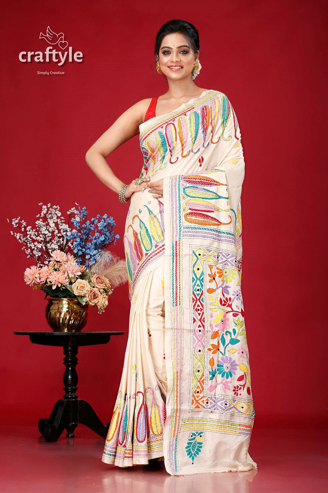 Pearl White Multicolor Bengal Heritage Silk Kantha Saree - Craftyle