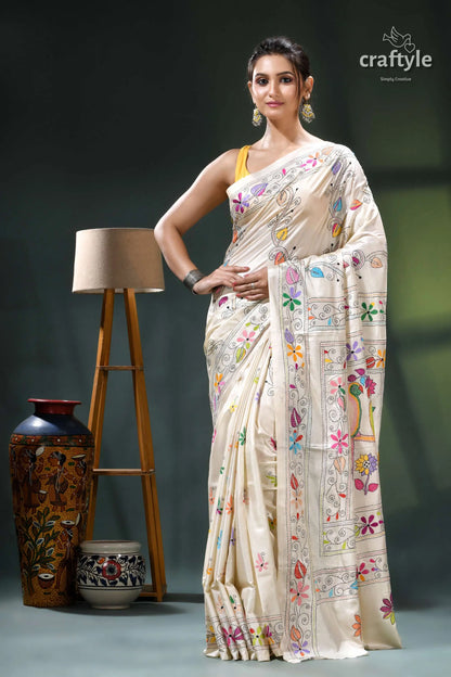 Pearl white parrot design multi-thread silk kantha work saree cream-colored saree floral embroidery yellow 1
